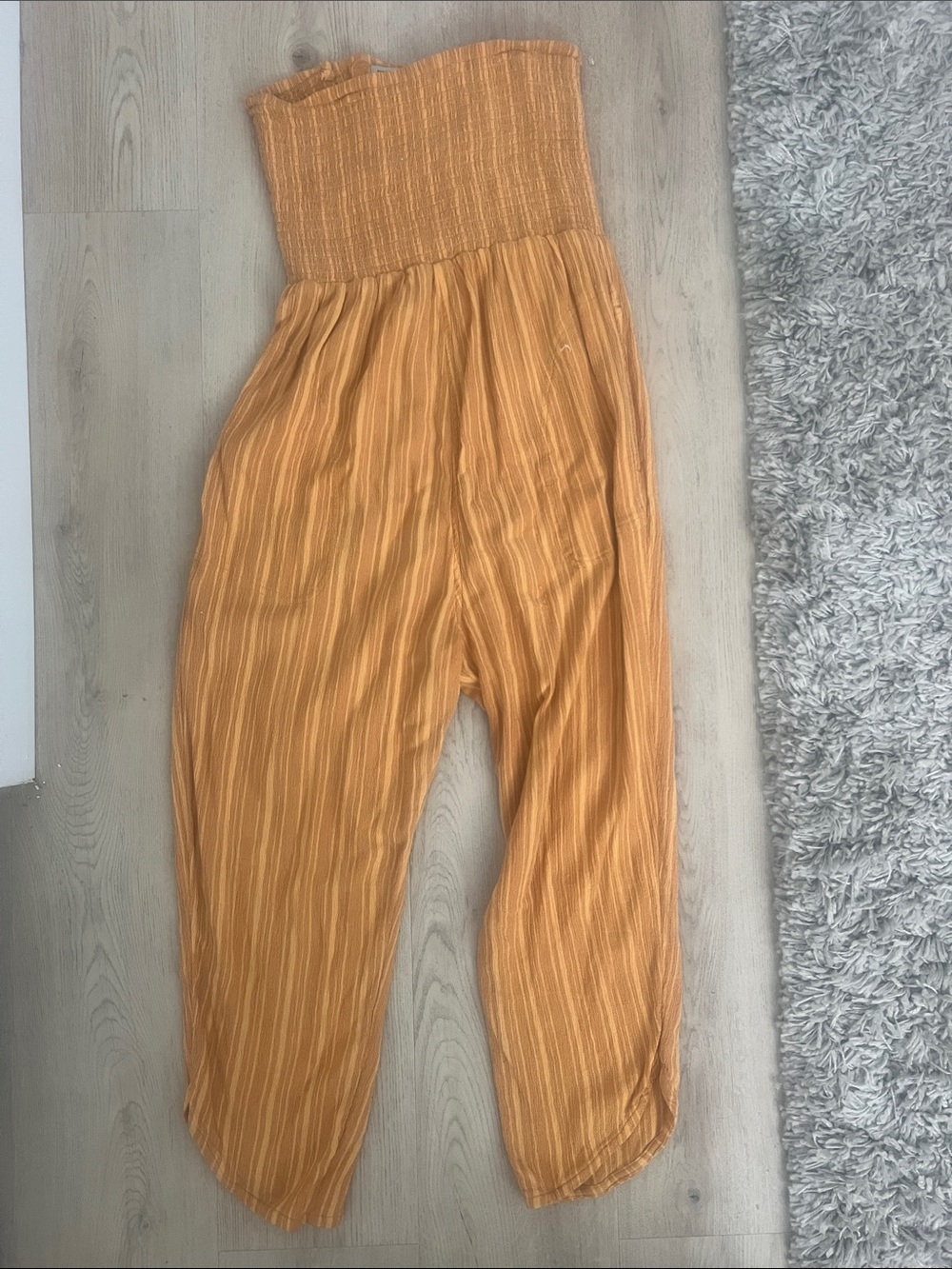 Prana Mustard Striped Smocked-Waist Harem Jumpsuit